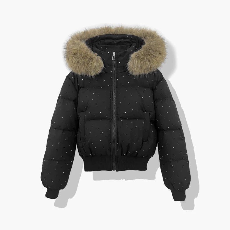 Women's short quilted blouson with removable hood, black, faux-fur trim, zip front