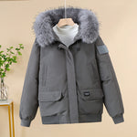 Gray padded bomber jacket with faux-fur hood, zip-front, and flap pockets