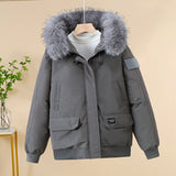 Gray padded bomber jacket with faux-fur hood, zip-front, and flap pockets