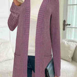 Longline rib-knit cardigan, long sleeves, open front, side pockets, mauve-purple