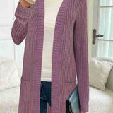 Longline rib-knit cardigan, long sleeves, open front, side pockets, mauve-purple
