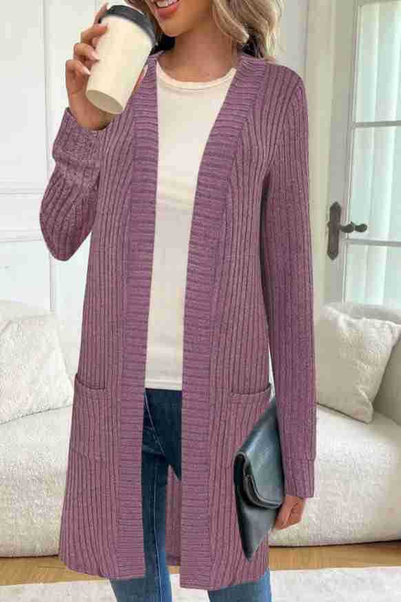 Longline rib-knit cardigan, long sleeves, open front, side pockets, mauve-purple