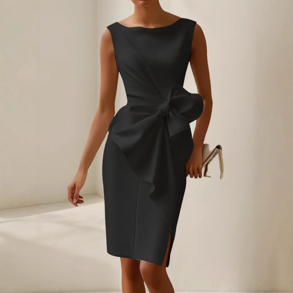 Black satin sleeveless dress with draped waist and oversized bow