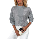 Grey crewneck sweatshirt with sequin chest panels and relaxed fit