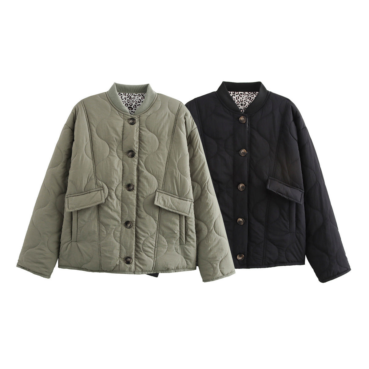 Quilted button-front jacket set in olive and black, with patch pockets