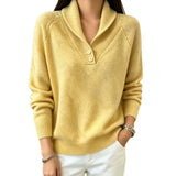 Women’s yellow button-front V-neck long-sleeve sweater with three-button placket.