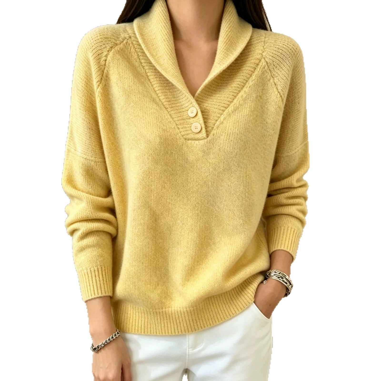 Women’s yellow button-front V-neck long-sleeve sweater with three-button placket.