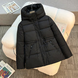Women's short padded hooded jacket, black with front zip and drawcord hood