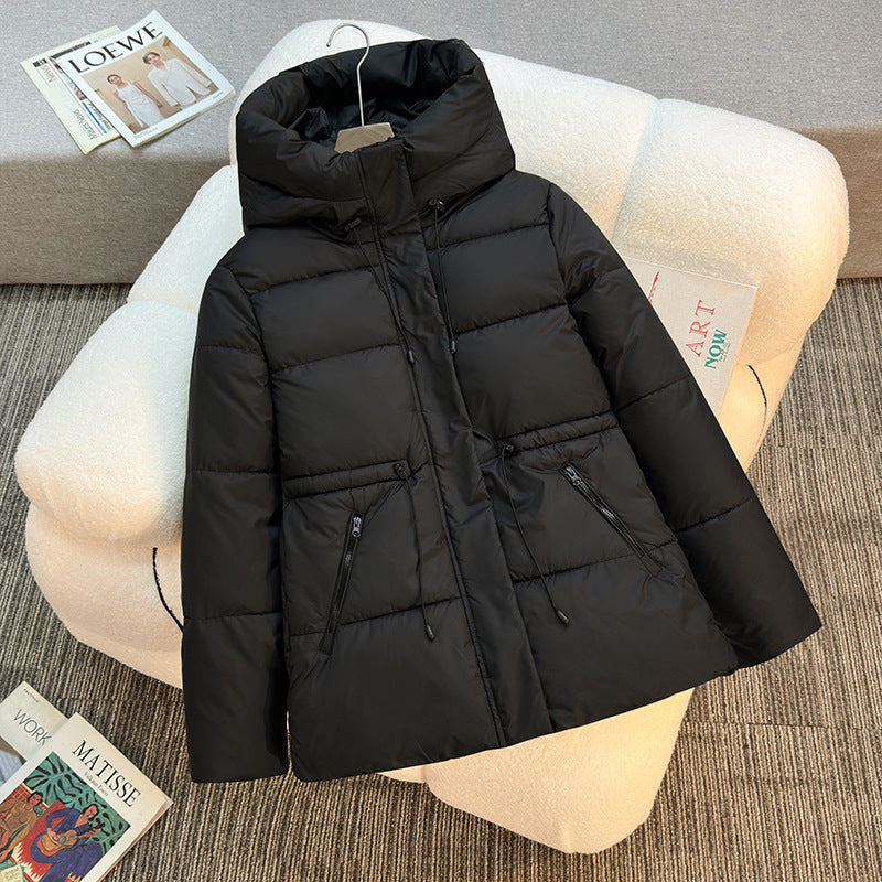 Women's short padded hooded jacket, black with front zip and drawcord hood