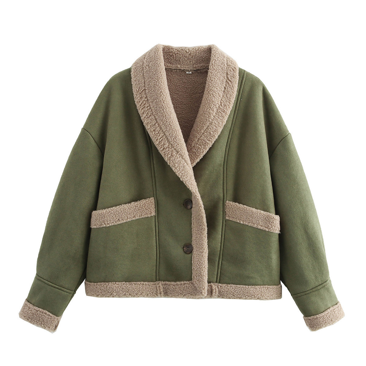 Olive green short button jacket with beige sherpa lining and two chest pockets