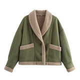 Olive green short button jacket with beige sherpa lining and two chest pockets