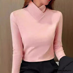 Women’s pink roll-neck long-sleeve sweater with a V-shaped collar seam