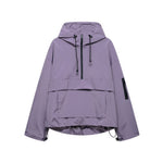 Lavender hooded windbreaker jacket with zip front and drawstring cords, pouch pocket