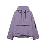 Lavender hooded windbreaker jacket with zip front and drawstring cords, pouch pocket