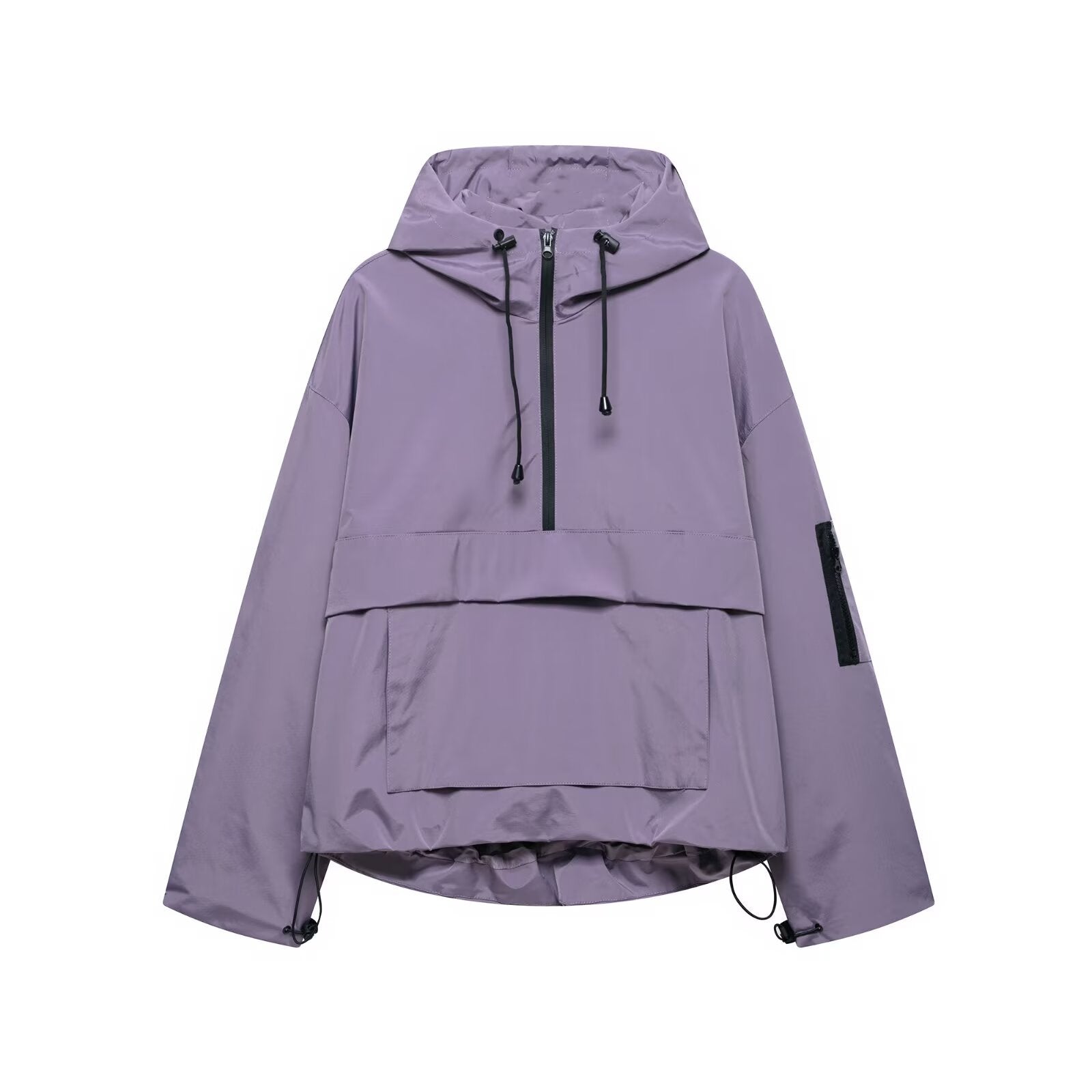 Lavender hooded windbreaker jacket with zip front and drawstring cords, pouch pocket