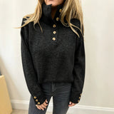 Black long-sleeve knit pullover with button placket and stand collar, ribbed cuffs