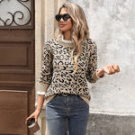 Khaki leopard-print crewneck sweater with ruffled collar and long sleeves