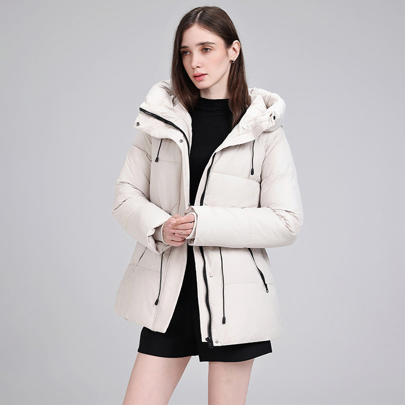 Quilted hooded puffer parka with adjustable waist drawcord and ribbed cuffs, off-white