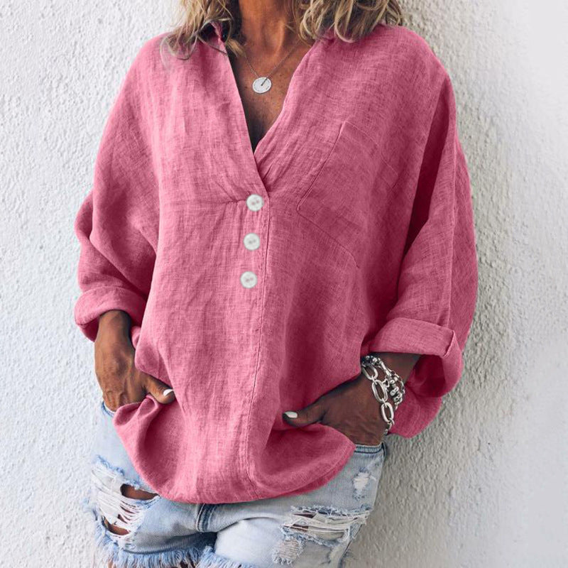 Cotton-linen pullover, pink long sleeves, V-neck button front