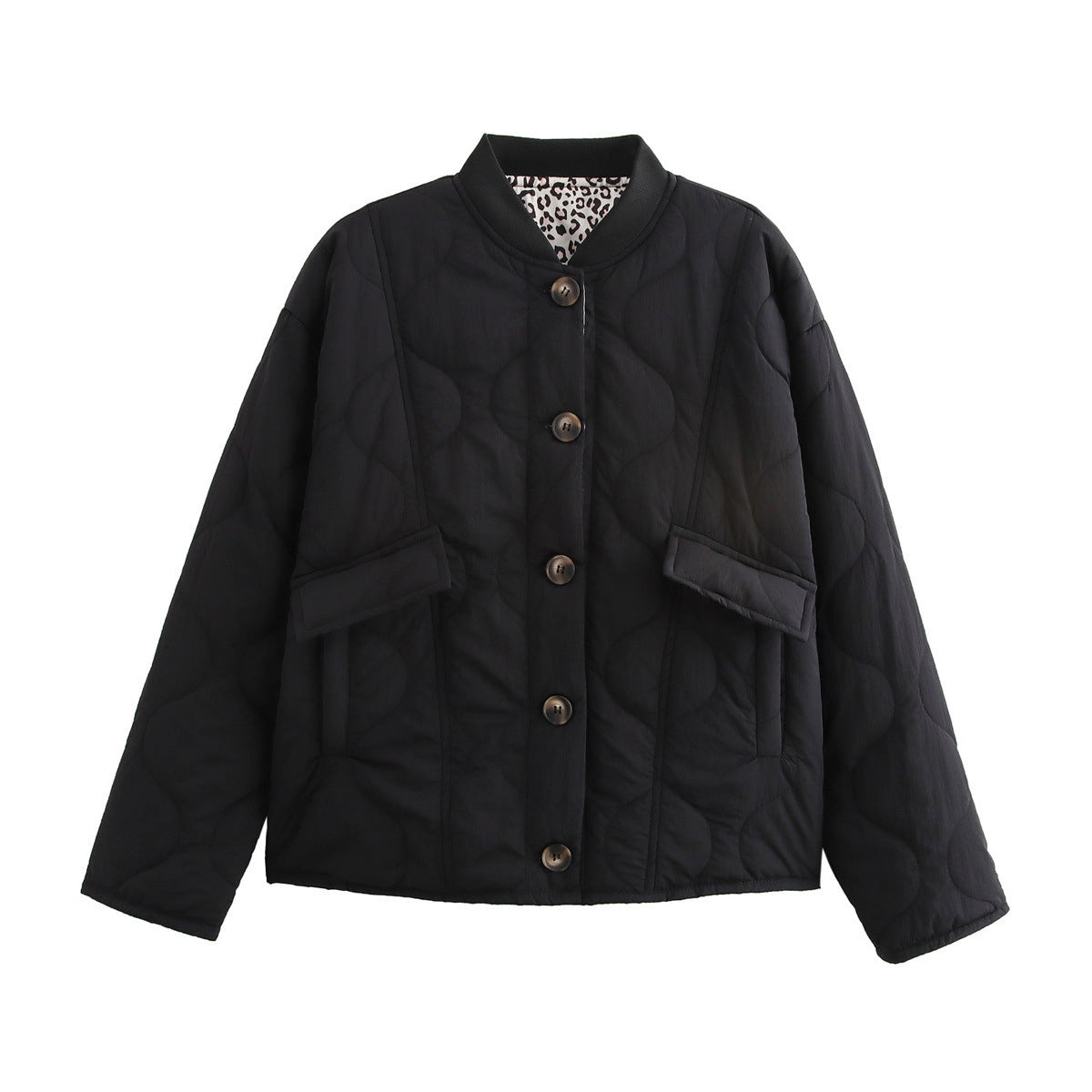 Quilted button-front jacket with pockets and round neckline, black