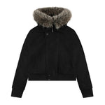 Black short bomber jacket with stand-collar hood and fur trim, front buttons