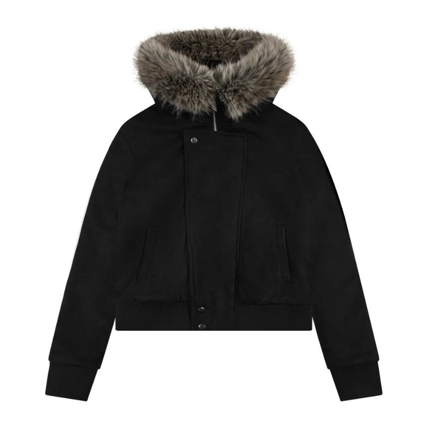 Black short bomber jacket with stand-collar hood and fur trim, front buttons