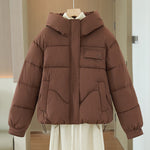 Women’s short quilted hooded jacket in brown with hidden front zipper and pocket