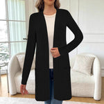 Longline rib-knit cardigan, long sleeves, open front, side pockets, black