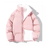 Pink quilted thermo bomber jacket with teddy lining and high stand collar