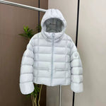 Short padded hooded thermal jacket in white with full-zip front and side zip pockets