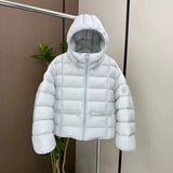 Short padded hooded thermal jacket in white with full-zip front and side zip pockets