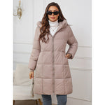 Beige hooded A-line puffer parka with two-way zipper and front pockets