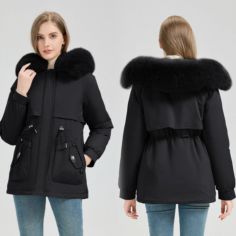 Short parka coat in dark color with faux fur hood trim and front flap pockets
