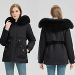 Short parka coat in dark color with faux fur hood trim and front flap pockets