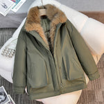 Women's mid-length winter parka with detachable faux fur collar, olive green
