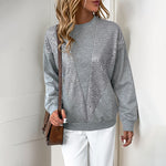 Grey long-sleeve crewneck sweatshirt with sequin vertical panels at front
