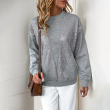 Grey long-sleeve crewneck sweatshirt with sequin vertical panels at front