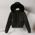 Short padded hooded jacket with faux fur trim, black