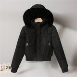 Short padded hooded jacket with faux fur trim, black