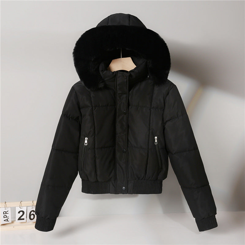 Short padded hooded jacket with faux fur trim, black