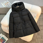 Women's short padded hooded jacket, black with high stand collar and drawcord