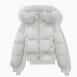 Women's short quilted blouson with removable hood, white, faux-fur trim, zip front