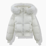 Women's short quilted blouson with removable hood, white, faux-fur trim, zip front