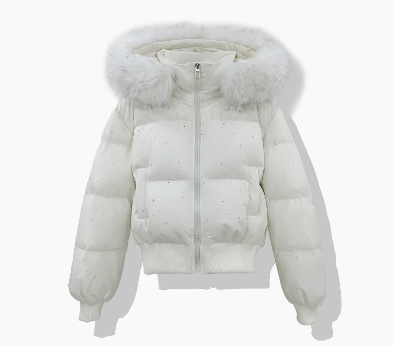 Women's short quilted blouson with removable hood, white, faux-fur trim, zip front