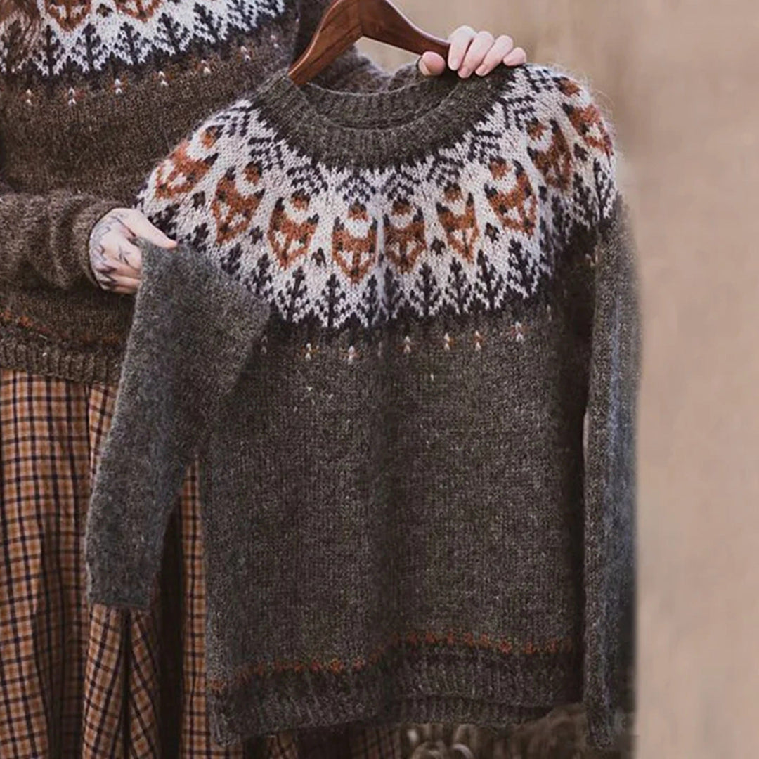 Cozy knit pullover with crew neck and Fair Isle yoke, dark gray with multicolor pattern