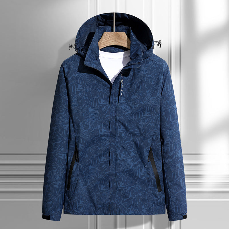 Dark blue leaf-print hooded rain & wind jacket, zip-front with side pockets