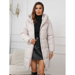 Light gray hooded A-line puffer parka with two-way zipper and front pockets