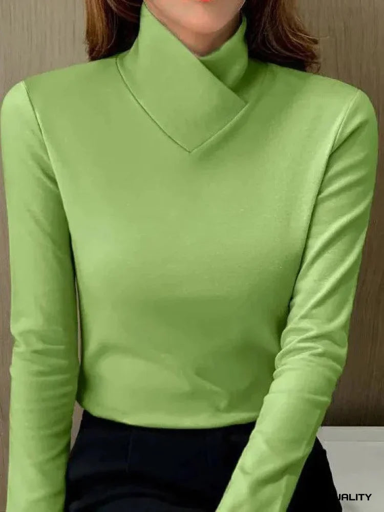 Women’s bright green roll-neck long-sleeve sweater, smooth knit finish