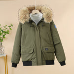 Olive padded bomber jacket with faux-fur hood, zip-front, and flap pockets