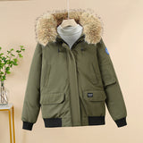 Olive padded bomber jacket with faux-fur hood, zip-front, and flap pockets